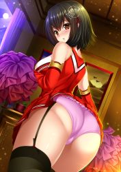 Rule 34 | 10s, 1girl, alternate costume, ass, back, bare shoulders, black hair, blush, ceiling, cheerleader, clothes lift, commentary request, curtains, desk, dutch angle, eyebrows, eyelashes, framed, frilled panties, frills, from behind, from below, garter straps, gloves, haguro (kancolle), hair ornament, hair ribbon, holding, indoors, kantai collection, light particles, looking at viewer, looking back, miniskirt, night, panties, panties over garter belt, photo (object), picture frame, pink panties, plant, pleated skirt, pom pom (cheerleading), potted plant, red eyes, red gloves, red ribbon, red skirt, ribbon, shibata rai, shiny skin, short hair, skin tight, skirt, skirt lift, sleeveless, solo, thighhighs, underwear, wall, window