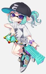 Rule 34 | 1girl, baseball cap, black hat, black shorts, blue eyes, bracelet, closed mouth, commentary, cross-laced footwear, dolphin shorts, floating, full body, green footwear, green hair, grey background, hat, high tops, holding, holding weapon, inkling, inkling (language), inkling girl, inkling player character, jewelry, light frown, logo, looking at viewer, maco spl, medium hair, nintendo, pointy ears, ponytail, print shirt, shirt, shoes, short hair, short shorts, shorts, sidelocks, simple background, sneakers, solo, splat bomb (splatoon), splatoon (series), splatoon 2, splattershot (splatoon), t-shirt, weapon, white shirt