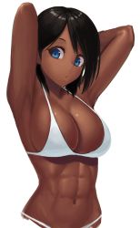 Rule 34 | 1girl, abs, armpits, arms behind head, arms up, bikini, black eyes, black hair, blue eyes, breasts, cleavage, dark-skinned female, dark skin, large breasts, looking at viewer, navel, original, pouty lips, ranma (kamenrideroz), short hair, simple background, solo, standing, stomach, swimsuit, upper body, white background, white bikini