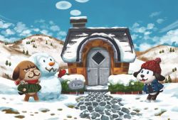 Rule 34 | animal crossing, dog, highres, hill, house, mac (animal crossing), nintendo, omochi freedom, snow, snowman, standing, sweater, walker (animal crossing), winter, winter clothes