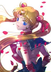Rule 34 | 1girl, arms behind back, back bow, bishoujo senshi sailor moon, blonde hair, blue bow, blue eyes, blue sailor collar, bow, bowtie, circlet, collared shirt, crescent, crescent earrings, dolcexxx, double bun, earrings, floating hair, from behind, hair bun, hair intakes, head tilt, highres, jewelry, long hair, open mouth, red bow, red bowtie, sailor collar, sailor moon, sailor senshi uniform, sailor shirt, shirt, short sleeves, solo, twintails, upper body, very long hair, white background, white shirt