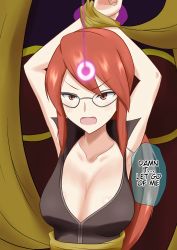 Rule 34 | 1girl, 1other, 20s, animated, animated gif, armpits, bdsm, black shirt, bondage, bound, bound wrists, breasts, cleavage, coiled, collarbone, creatures (company), female focus, game freak, glasses, hard-translated, highres, hypnosis, large breasts, long hair, looping animation, lorelei (pokemon), matching hair/eyes, mind control, na schacho, nintendo, pokemon, pokemon frlg, red eyes, red hair, shirt, sidelocks, sleeveless, sleeveless shirt, snapping fingers, solo, speech bubble, submission, talking, third-party edit, translated, upper body, waking up, watching