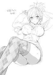 Rule 34 | 1girl, :&lt;, alternate costume, argyle, argyle clothes, argyle legwear, arms up, blush, breasts, closed mouth, fate/grand order, fate (series), greyscale, hair between eyes, highres, hisasi, large breasts, lineart, long sleeves, miyamoto musashi (fate), monochrome, paid reward available, simple background, sketch, solo, sweat, sweater, thighhighs, thighs
