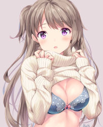 Rule 34 | 1girl, artist name, bad id, bad pixiv id, blue bra, blush, bra, breasts, brown hair, cleavage, clothes lift, earrings, glint, jewelry, lifting own clothes, long hair, long sleeves, looking at viewer, medium breasts, one side up, original, parted lips, pink background, purple eyes, ribbed sweater, simple background, sleeves past wrists, smile, solo, suihi, sweater, sweater lift, tareme, turtleneck, turtleneck sweater, underwear, undressing