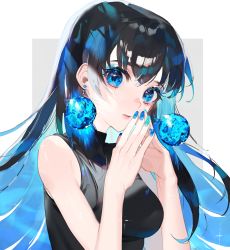 Rule 34 | 1girl, aqua nails, bare shoulders, black hair, black shirt, blue eyes, blue gemstone, blue hair, blue nails, breasts, closed mouth, colored inner hair, commentary, earrings, eyebrows hidden by hair, eyelashes, fingernails, gem, glint, hair between eyes, hands up, highres, jewelry, lips, long hair, looking at viewer, medium breasts, mizumi zumi, multicolored hair, multicolored nails, nail polish, original, redrawn, refraction, shirt, sleeveless, sleeveless shirt, solo, sparkle, sparkling eyes, turtleneck, upper body, white background