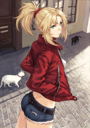 Rule 34 | 1girl, animal, ass, belt, blonde hair, braid, breasts, cat, denim, denim shorts, fate/apocrypha, fate (series), french braid, green eyes, hands in pockets, highres, jacket, makimura shunsuke, mordred (fate), mordred (fate/apocrypha), mordred (memories at trifas) (fate), outdoors, ponytail, red jacket, shirt, short shorts, shorts, solo, white shirt, zipper
