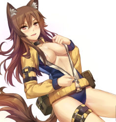 Rule 34 | 1girl, animal ears, belt, blush, breasts, brown eyes, brown hair, choker, cleavage, collarbone, highres, jacket, long hair, long sleeves, medium breasts, open mouth, original, simple background, solo, tail, thigh strap, tonee, unzipped, white background, wolf ears, zipper