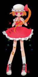 Rule 34 | 1girl, absurdres, adapted costume, asymmetrical legwear, bandage on face, bandage on knee, bandages, bandaid, bandaid on arm, bandaid on hand, bandaid on leg, blonde hair, brooch, buttons, center frills, closed mouth, dress shirt, flandre scarlet, frilled skirt, frills, full body, green footwear, hands up, hat, hat ribbon, highres, htn nm, jewelry, legs apart, long hair, mob cap, multicolored footwear, puffy short sleeves, puffy sleeves, red eyes, red footwear, red ribbon, red skirt, red vest, ribbon, shirt, shoes, short sleeves, side ponytail, simple background, skirt, skirt set, sneakers, socks, solo, sparkle, standing, touhou, vest, white footwear, white hat, white shirt, white socks