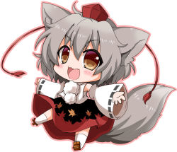 Rule 34 | 1girl, animal ears, bad id, bad pixiv id, blush, chibi, detached sleeves, fang, geta, hat, inubashiri momiji, looking at viewer, noai nioshi, open mouth, pom pom (clothes), red eyes, ribbon-trimmed sleeves, ribbon trim, short hair, silver hair, simple background, skirt, solo, tail, tokin hat, touhou, white background, wolf ears, wolf tail