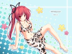 Rule 34 | 1girl, animal print, arm support, barefoot, bikini, breasts, cleavage, cow print, large breasts, leaning back, long hair, magus tale, non-web source, orange eyes, ponytail, red hair, sarong, seera finis victoria, sitting, solo, swimsuit, tenmaso