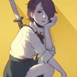 Rule 34 | 1girl, blue eyes, blush, earrings, gradient background, hair over one eye, jewelry, katana, koyorin, lips, looking at viewer, nose, original, red hair, school uniform, short hair, skirt, sleeves rolled up, solo, squatting, striped, striped background, sword, watermark, weapon, web address, yellow background