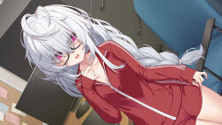 Rule 34 | 1girl, ahoge, black-framed eyewear, blush, braid, breasts, cleavage, grey hair, indoors, jersey, long hair, long sleeves, looking at viewer, monitor, mouse (computer), no bra, open mouth, original, rasaras leonids, red eyes, short shorts, shorts, small breasts, smile, solo, sportswear