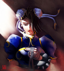 Rule 34 | bandages, blood, brown eyes, brown hair, bun cover, capcom, china dress, chinese clothes, chun-li, double bun, dress, earrings, eyeshadow, hair over one eye, jewelry, lips, makeup, solo, street fighter