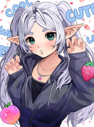 Rule 34 | 1girl, absurdres, alternate costume, black camisole, camisole, claw pose, ear piercing, elf, food, frieren, fruit, green eyes, grey hair, grey jacket, hands up, highres, jacket, jewelry, necklace, pawsup, peach, piercing, pointy ears, solo, sousou no frieren, strawberry, twintails