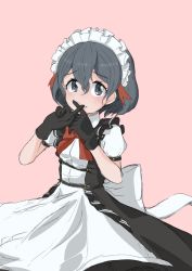 Rule 34 | 1girl, apron, black eyes, black hair, blush, bow, bowtie, covering own mouth, dress, frills, gloves, highres, kaban (kemono friends), kemono friends, looking at viewer, maid, maid headdress, ribbon, simple background, yakko picture
