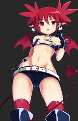 Rule 34 | 1girl, bare shoulders, boots, bracelet, collar, demon girl, demon tail, demon wings, disgaea, disgaea d2, earrings, etna (disgaea), flat chest, from below, gloves, hand on own hip, highres, jewelry, navel, pointy ears, red hair, short shorts, short twintails, shorts, skull earrings, slit pupils, tail, thighhighs, thighhighs under boots, twintails, wings, zetsuei (zetto)