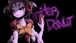 Rule 34 | 1girl, arthropod girl, bad id, bad pixiv id, black background, black sclera, bow, bowtie, collarbone, colored sclera, colored skin, digital media player, english text, extra arms, extra eyes, fang, fang out, h.b, headphones, insect girl, muffet, purple eyes, purple hair, purple skin, ribbon, short hair, short twintails, simple background, smile, solo, spider girl, twintails, two side up, undertale, upper body