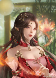 Rule 34 | 1girl, absurdres, artist request, bamboo, bare shoulders, brown hair, chinese clothes, circle, closed mouth, detached collar, fire, flower, hair rings, highres, huo linger (wanmei shijie), long hair, long sleeves, lotus, orb, outdoors, pink eyes, second-party source, see-through, see-through sleeves, solo, upper-body, upper body, wanmei shijie