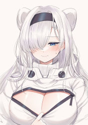 Rule 34 | animal ears, arknights, aurora (arknights), bear ears, bear girl, black hairband, blue eyes, blush, breasts, cleavage cutout, clothes pull, clothing cutout, extra ears, hair over one eye, hairband, half-closed eyes, highres, hyeroin, jacket, jacket pull, large breasts, long hair, looking down, simple background, smile, sweatdrop, upper body, white background, white hair, white jacket