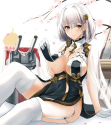 Rule 34 | 1girl, azur lane, blush, braid, branch, breast curtain lift, breast curtains, breasts, cherry blossoms, china dress, chinese clothes, cleavage, clothes lift, dress, flower, garter straps, gloves, grey dress, hair flower, hair ornament, hair ribbon, half gloves, highres, large breasts, looking at viewer, neckwear between breasts, nicky w, pelvic curtain, red eyes, revealing clothes, ribbon, see-through, see-through sleeves, short hair, side braid, sideboob, simple background, sirius (azur lane), sirius (azure horizons) (azur lane), sitting, smile, solo, thighhighs, thighs, turret, white background, white gloves, white hair, white thighhighs