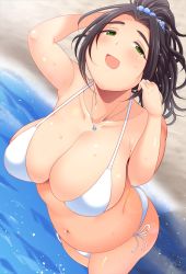 Rule 34 | 1girl, black hair, blush, breasts, cleavage, fat, green eyes, highres, large breasts, looking at viewer, open mouth, plump, shimejix, short hair, smile, solo, sweat