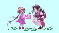 Rule 34 | 2girls, backpack, bag, bag charm, black hair, blush, brooch, brown footwear, brown hair, charm (object), child, clover, collared dress, collared shirt, commentary request, dress, floating hair, flower, flute, four-leaf clover, hair bobbles, hair ornament, hat, head wreath, headphones, heart, heart brooch, height difference, highres, holding, holding clover, holding plant, instrument, jewelry, kaai yuki, kneehighs, light blue background, long hair, looking at object, loose kneehigh, low twintails, marutsubo, mary janes, microphone, multiple girls, necktie, pinafore dress, pink dress, plaid necktie, plant, pleated dress, puffy short sleeves, puffy sleeves, randoseru, recorder, red dress, red footwear, red necktie, school hat, shirt, shoes, short dress, short sleeves, signature, simple background, sleeveless, sleeveless dress, sleeves past fingers, sleeves past wrists, smile, socks, squatting, standing, tsukuyomi ai, twintails, very long hair, vocaloid, voiceroid, white flower, white socks, yellow eyes
