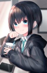 Rule 34 | 1girl, black hair, black jacket, blue eyes, blurry, blurry background, blush, cellphone, closed mouth, collared shirt, commentary request, cup, depth of field, disposable cup, drinking straw, green necktie, hair between eyes, hand up, highres, holding, holding cup, hood, hood down, hooded jacket, jacket, long sleeves, necktie, neku (neku draw), original, phone, shirt, short hair, sidelocks, sleeves past wrists, smile, solo, white shirt