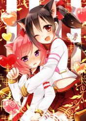 Rule 34 | 10s, 2girls, ;d, animal ears, black hair, blush, bow, cat day, cat ears, cat tail, commentary request, fang, hair bow, heart, hug, long sleeves, looking at viewer, love live!, love live! school idol festival, love live! school idol project, midriff peek, multiple girls, nishikino maki, one eye closed, open mouth, paw pose, pleated skirt, purple eyes, red bow, red eyes, red hair, school uniform, serafuku, skirt, smile, sparkle, striped, striped background, sunao, sweatdrop, tail, twintails, vertical stripes, yazawa nico