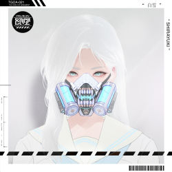 Rule 34 | 1girl, absurdres, aqua eyes, barcode, character name, english text, grey background, highres, long hair, looking at viewer, park junkyu, portrait, respirator, sailor collar, shirt, solo, the girls of armament, white hair, white sailor collar, white shirt