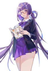 Rule 34 | 1girl, absurdres, ahoge, alice margatroid, ass, black jacket, blazer, blunt bangs, blunt ends, blush, book, bow, bowtie, chinese commentary, chinese text, collared shirt, commentary request, glasses, hair bow, highres, holding, holding book, jacket, kirisame marisa, long hair, open mouth, patchouli knowledge, pleated skirt, purple bow, purple skirt, round eyewear, school uniform, shirt, sidelocks, simple background, skirt, solo, standing, teeth, thighs, toko yuan zi, touhou, translation request, twintails, very long hair, white background, white shirt