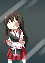 Rule 34 | 10s, 1girl, against glass, akagi (kancolle), bad id, bad pixiv id, cheek press, cheek squash, expressionless, flight deck, fourth wall, glass, japanese clothes, jitome, kantai collection, kimono, long hair, miko, muneate, open mouth, palms, pout, skirt, solid circle eyes, solo, standing, uiroutsuji yumihiko
