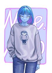 Rule 34 | 1girl, absurdres, arm at side, blue eyes, blue hair, blue skin, colored inner hair, colored skin, denim, glasses, grey shirt, hand in pocket, highres, jeans, jio pi, long sleeves, looking at viewer, multicolored hair, original, pants, pink nails, shirt, solo, standing