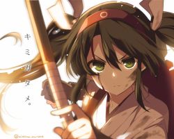 Rule 34 | &gt;:|, 10s, 1girl, :|, archery, backlighting, bad id, bad twitter id, blood, blood on face, bow (weapon), closed mouth, dirty, dirty clothes, dirty face, gloves, green eyes, green hair, hair ribbon, hairband, japanese clothes, kantai collection, kyuudou, long hair, looking at viewer, marksman, matching hair/eyes, mishima kurone, muneate, partially fingerless gloves, partly fingerless gloves, ribbon, solo, twintails, twitter username, upper body, v-shaped eyebrows, weapon, yugake, zuikaku (kancolle)