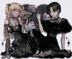 Rule 34 | 3girls, addams family, amane misa, animification, armpits, bare shoulders, black choker, black dress, black footwear, black hair, black sleeves, black theme, blonde hair, braid, breasts, brown eyes, chain, choker, cleavage, closed mouth, collared dress, death note, death note (object), detached sleeves, dress, fishnet thighhighs, fishnets, goth fashion, grey background, heart, highres, large breasts, long hair, mall goth, middle finger, multiple girls, muted color, oji ~yo, parted bangs, pen, print sleeves, rem (death note), short hair, short sleeves, thighhighs, wednesday (netflix), wednesday addams, white background, yellow eyes
