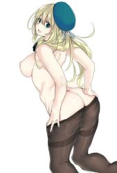 Rule 34 | 10s, 1girl, ass, atago (kancolle), black pantyhose, blonde hair, blush, breasts, crotch seam, green eyes, kantai collection, large breasts, long hair, looking at viewer, looking back, nipples, pantyhose, puffy nipples, simple background, smile, solo, spanking momoko, thighband pantyhose, topless, undressing, white background