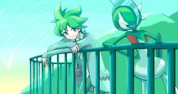 Rule 34 | 1boy, against fence, cardigan, closed mouth, commentary, creatures (company), day, fence, ffccll, gallade, game freak, gen 4 pokemon, green hair, green pants, grey cardigan, grey eyes, highres, jewelry, leaning forward, male focus, necklace, nintendo, outdoors, pants, pokemon, pokemon (creature), pokemon oras, shirt, smile, wally (pokemon), white shirt