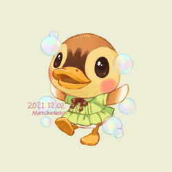 Rule 34 | 1girl, animal crossing, artist name, blush, blush stickers, brown eyes, brown ribbon, bubble, buttons, commentary, dated, dress, duck girl, english commentary, furry, furry female, green dress, grey background, matchaneko, molly (animal crossing), neck ribbon, nintendo, open mouth, pleated dress, ribbon, short sleeves, simple background, smile, solo
