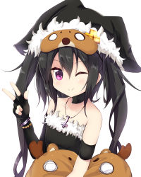 Rule 34 | 1girl, ;), amano kouki, black hair, collarbone, commentary request, hat, highres, long hair, looking at viewer, note-chan, one eye closed, original, purple eyes, smile, solo, stuffed toy, text focus, translation request, twintails, v