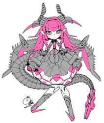 Rule 34 | 1girl, akitsuki itsuki, blush, closed mouth, dated, elizabeth bathory (fate), fate/grand order, fate (series), flat chest, horns, long hair, looking at viewer, mecha eli-chan (fate), mechanical tail, monochrome, no feet, pink hair, pink theme, pointy ears, signature, simple background, skirt, solo, tail, twitter username, two side up, white background, wings