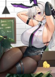 Rule 34 | 1girl, absurdres, animal ears, armpits, arms behind head, arms up, azur lane, backless leotard, black leotard, blush, breasts, brown pantyhose, cromwellb, curvy, fake animal ears, grey hair, highleg, highleg leotard, highres, huge breasts, leotard, long hair, looking at viewer, manjuu (azur lane), mechanical hands, official alternate costume, pantyhose, playboy bunny, ponytail, purple eyes, rabbit ears, reno (azur lane), reno (reno bunnino) (azur lane), see-through, see-through shirt, sideboob, single mechanical hand, solo, thick thighs, thighs