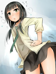 Rule 34 | 10s, 1girl, akino shuu, black hair, blush, cardigan, green eyes, hands on own hips, low twintails, necktie, open cardigan, open clothes, open mouth, shirobako, shirt, skirt, solo, twintails, yasuhara ema