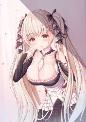 Rule 34 | 1girl, :p, absurdres, azur lane, black bow, black dress, blush, bow, breasts, cleavage, closed mouth, clothing cutout, collarbone, commentary request, dress, finger to mouth, formidable (azur lane), hair bow, hand up, highres, large breasts, leaning forward, light brown hair, long hair, long sleeves, looking at viewer, nezumi (09261377), petals, red eyes, shoulder cutout, sleeves past wrists, smile, solo, tongue, tongue out, twintails, very long hair