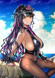 Rule 34 | 1girl, absurdres, bare shoulders, bikini, black bikini, black gloves, black hair, black hat, blush, breasts, brown pantyhose, cleavage, closed mouth, cloud, cloudy sky, corset, covered navel, day, fate/grand order, fate (series), fingerless gloves, fingernails, from side, gloves, hand on own thigh, hat, highleg pantyhose, highres, huge filesize, large breasts, long hair, looking at viewer, looking to the side, multicolored hair, nail polish, necktie, ocean, pantyhose, poko (mammypoko), purple hair, purple nails, purple necktie, rock, sessyoin kiara, sessyoin kiara (swimsuit mooncancer), sitting, sky, smile, solo, swimsuit, torn clothes, torn pantyhose, two-tone hair, very long hair, visor cap, water, wavy hair, yellow eyes, zipper, zipper pull tab