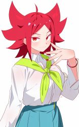 Rule 34 | 1girl, ahoge, blue skirt, closed mouth, collared shirt, cowboy shot, fingernails, green neckerchief, hand up, highres, looking at viewer, medium hair, nail polish, neckerchief, original, red eyes, red hair, red nails, ryusei hashida, shirt, signature, simple background, skirt, smile, solo, white background, white shirt, wing collar, wristband
