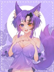 Rule 34 | 1girl, absurdres, animal ear fluff, animal ears, artist name, awful queen (vtuber), breasts, dreeeeameyes, fox ears, fox girl, fox tail, heterochromia, highres, indie virtual youtuber, large breasts, looking at viewer, mole, mole under eye, monster girl, open mouth, own hands together, purple tail, tail
