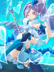 Rule 34 | 1girl, aono miki, berry sword, black thighhighs, blue choker, blue eyes, blue footwear, blue hair, blue skirt, boots, brooch, choker, clear glass (mildmild1311), commentary request, cure berry, drill hair, drill ponytail, earrings, eyelashes, fresh precure!, frilled skirt, frilled sleeves, frills, hair ornament, hairband, happy, heart, heart brooch, heart hair ornament, high heel boots, high heels, high ponytail, high side ponytail, highres, jewelry, knee boots, long hair, looking at viewer, magical girl, midriff, navel, one eye closed, ponytail, pouch, precure, puffy short sleeves, puffy sleeves, purple arm warmers, purple hair, revision, short sleeves, side ponytail, skirt, smile, solo, thighhighs, thighs, very long hair, wand, wrist cuffs