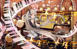 Rule 34 | 1girl, absurdres, azur lane, bare shoulders, beamed eighth notes, breasts, candle, doily, dress, eighth note, fine art parody, flower, formidable (azur lane), frilled dress, frills, grey hair, gudadan, hair ribbon, highres, instrument, large breasts, long hair, looking back, musical note, parody, piano, red eyes, ribbon, sheet music, sideboob, sitting, sixteenth note, smile, solo, the scream, treble clef, twintails, two-tone dress, two-tone ribbon, upright piano, very long hair