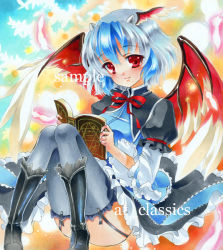 Rule 34 | 1girl, at classics, blue hair, blush, book, boots, bow, dress, female focus, frilled dress, frills, garter straps, head wings, horns, marker (medium), multicolored hair, red eyes, sample watermark, short hair, smile, thighhighs, tokiko (touhou), touhou, traditional media, two-tone hair, watermark, wings