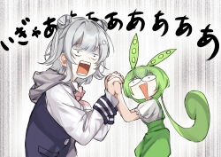 Rule 34 | 2girls, absurdres, bow, bowtie, cevio, collared shirt, commentary request, double bun, gloom (expression), green hair, green shorts, grey hair, grey hoodie, hair bun, hair ornament, hairclip, hands up, height difference, highres, holding hands, hood, hood down, hoodie, hymgkamui, interlocked fingers, jacket, koharu rikka, letterman jacket, long hair, long sleeves, looking at viewer, looking to the side, low ponytail, multiple girls, open mouth, pea pod, pink bow, pink bowtie, puffy short sleeves, puffy sleeves, screaming, shirt, shirt tucked in, short hair, short sleeves, shorts, suspender shorts, suspenders, synthesizer v, translation request, triangle mouth, upper body, voicevox, white shirt, wide-eyed, zundamon