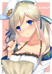 Rule 34 | 10s, 1girl, beret, blonde hair, blush, breasts, character name, chestnut mouth, cleavage, cucouroux (granblue fantasy), granblue fantasy, hat, highres, holding, holding pencil, large breasts, long hair, looking at viewer, nan (jyomyon), parted lips, pencil, purple eyes, solo, twintails, upper body